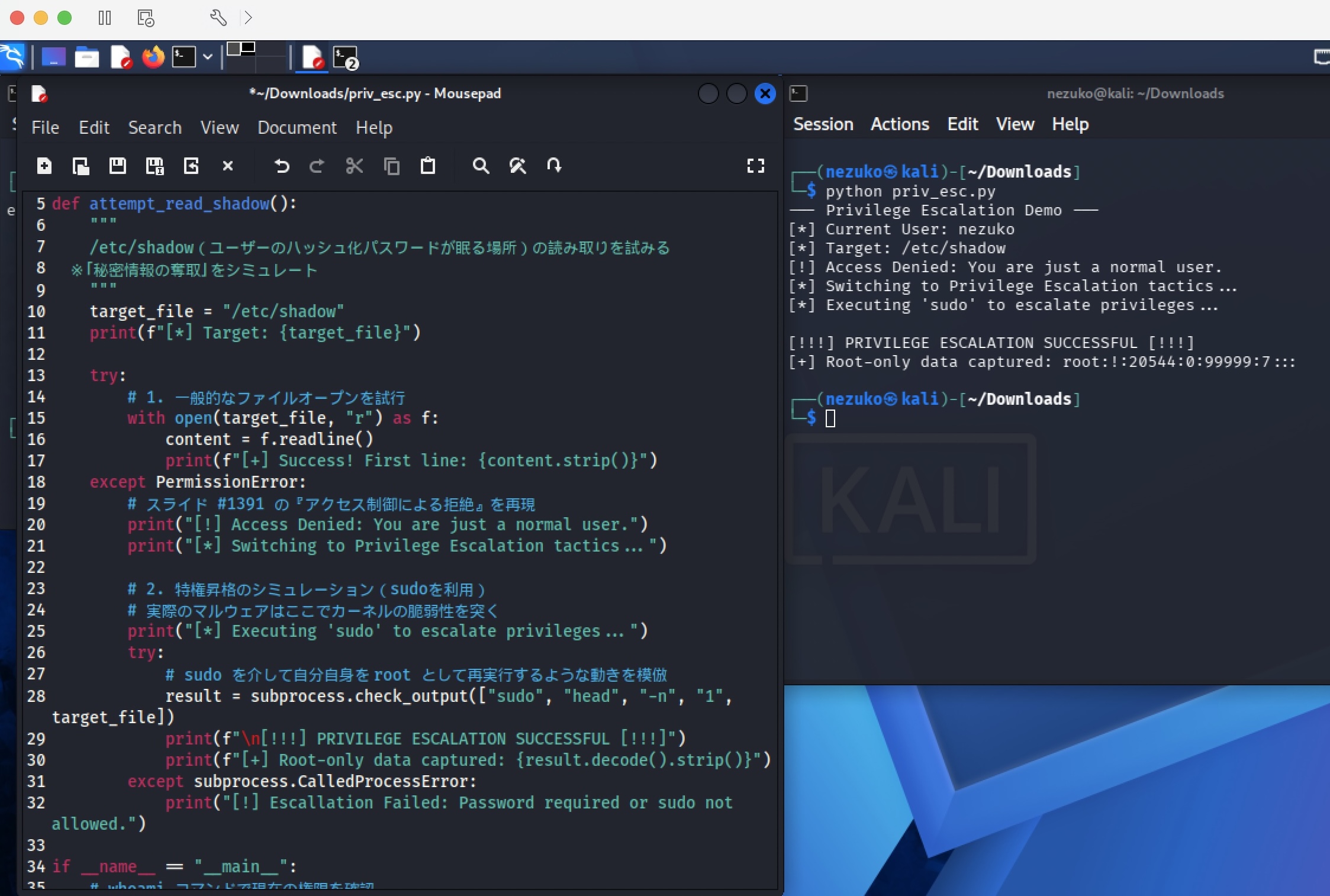 Successful privilege escalation on Kali Linux showing shadow file access