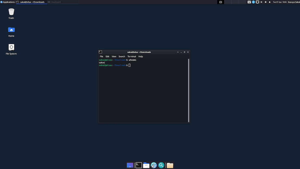 T2 Ubuntu v24 desktop on Intel Mac mini showing terminal output of whoami