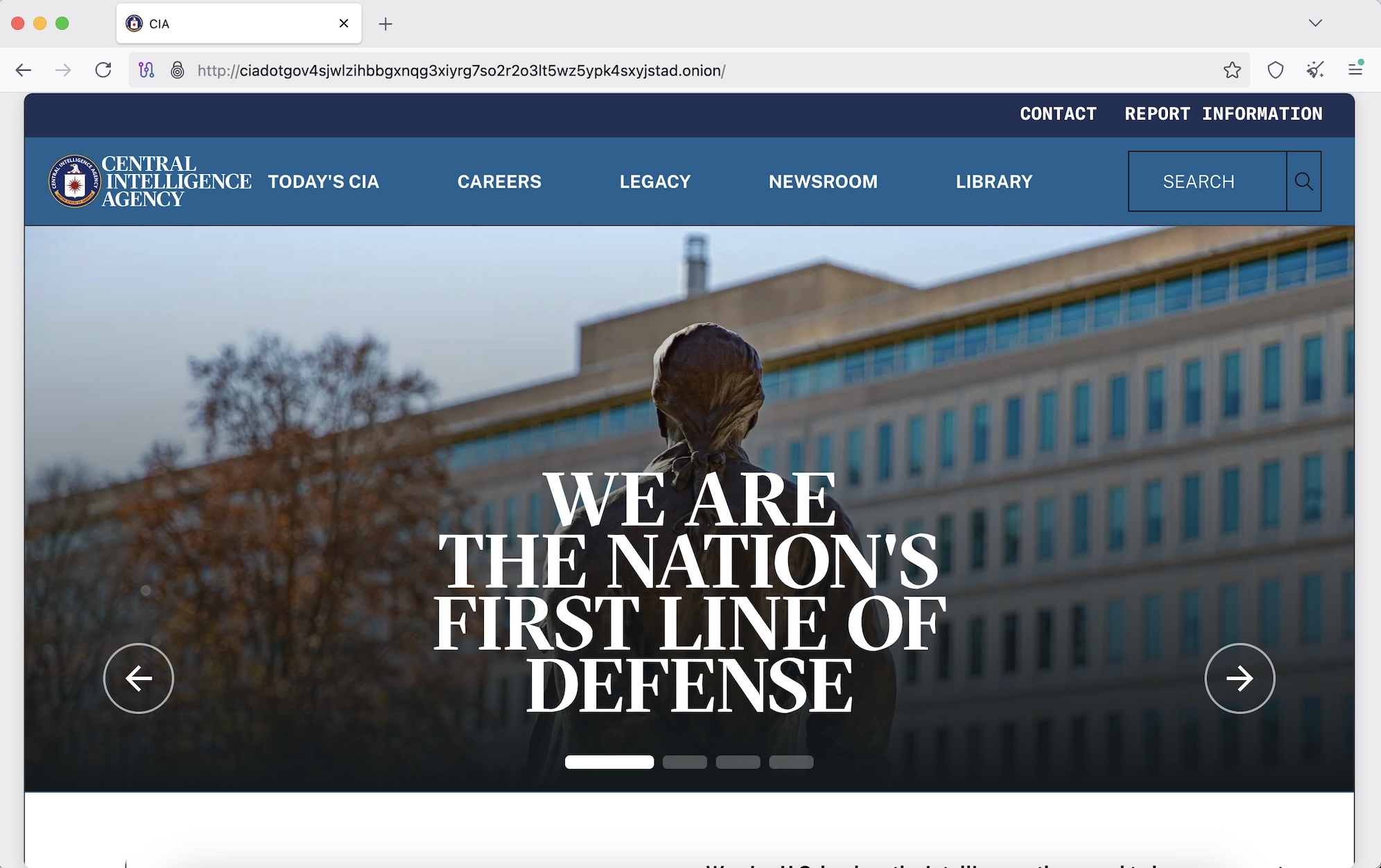 CIA official website on Tor network showing .onion address