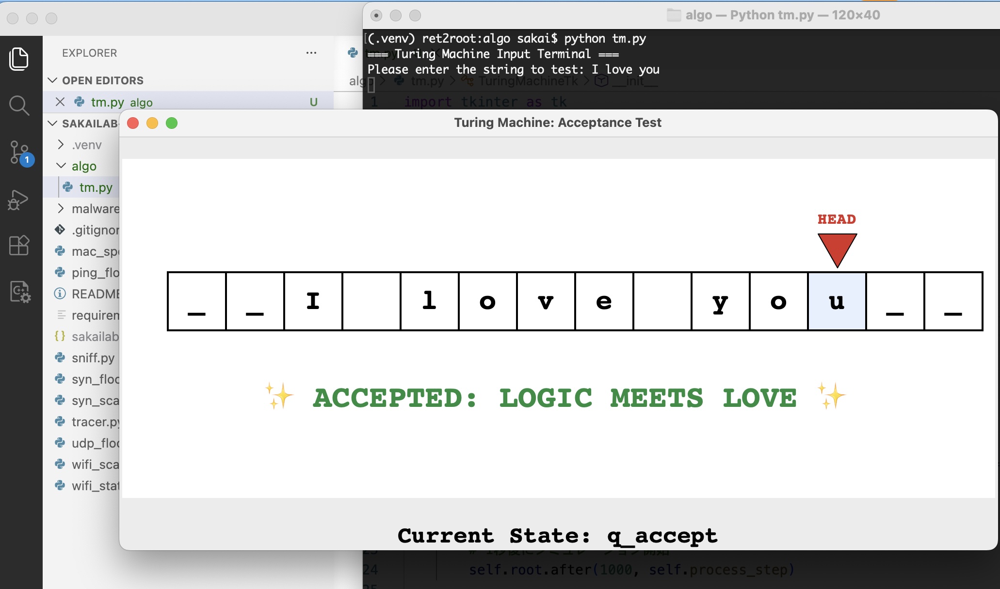 Turing Machine Simulator showing 'I love you' on the tape and 'ACCEPTED: LOGIC MEETS LOVE' message