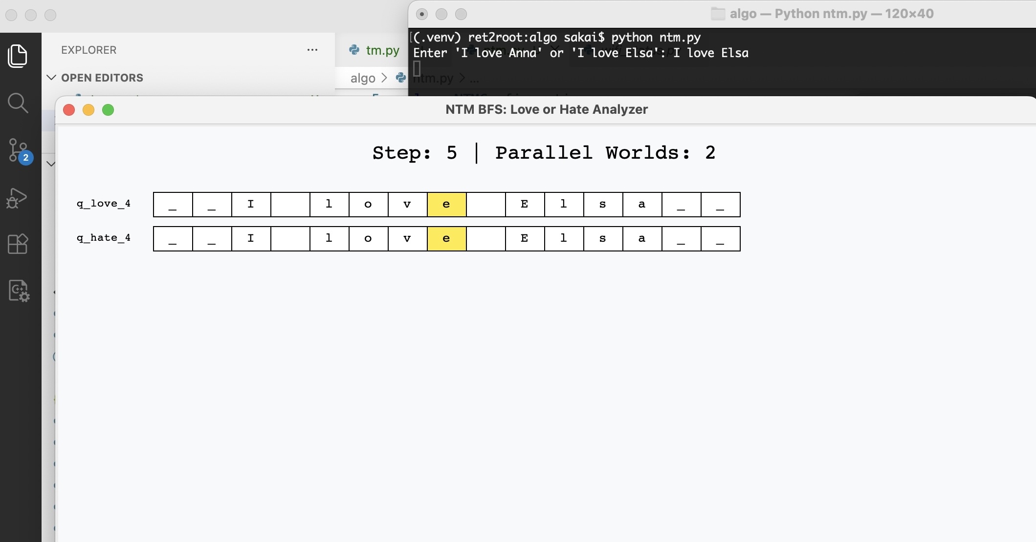 Non-deterministic Turing Machine simulator showing two parallel tapes: q_love and q_hate