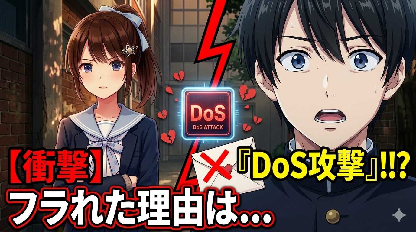 Impact: Reason for being dumped... DoS Attack!? showing a boy shocked by a rejected love letter