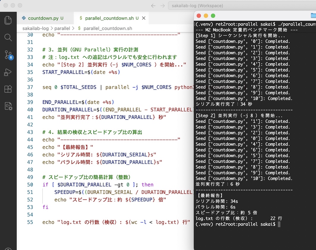 Terminal showing M2 MacBook benchmark: Serial 34s vs Parallel 6s for I love you output