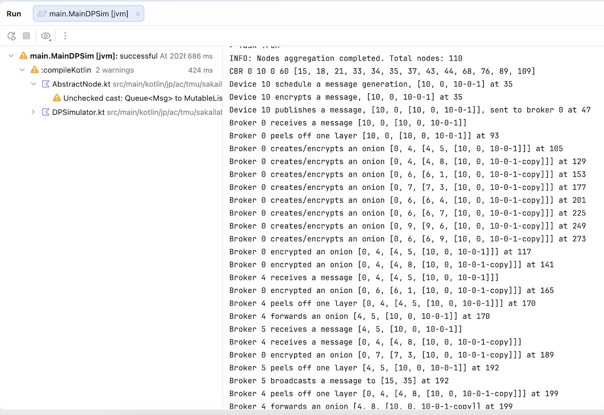 IntelliJ output showing Kotlin MQTT simulation where broker peels off onion layers and encrypts messages