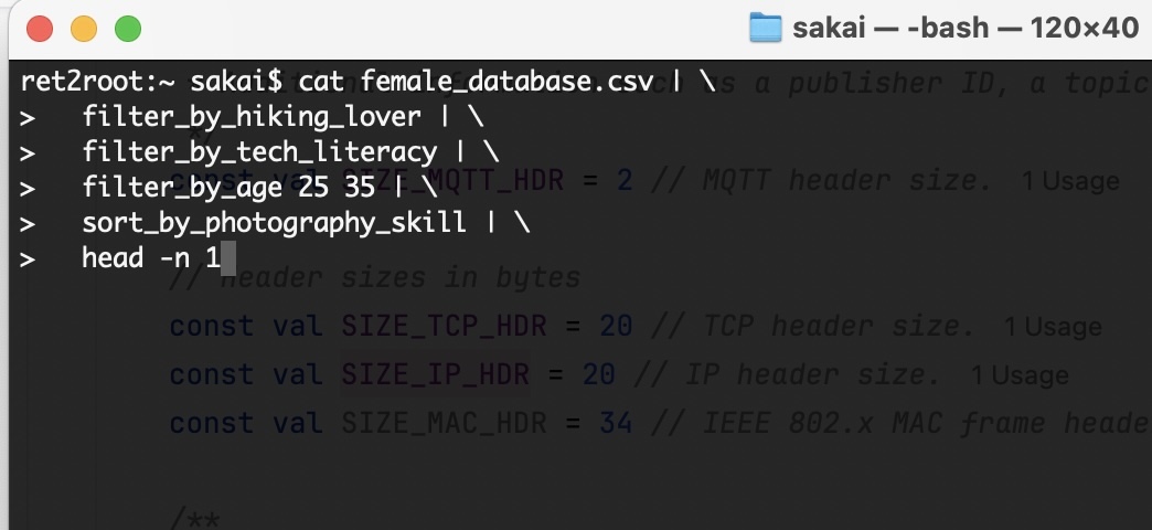 Terminal showing Bash pipe sequence: cat female_database | filter_by_hiking | filter_by_tech | head -n 1