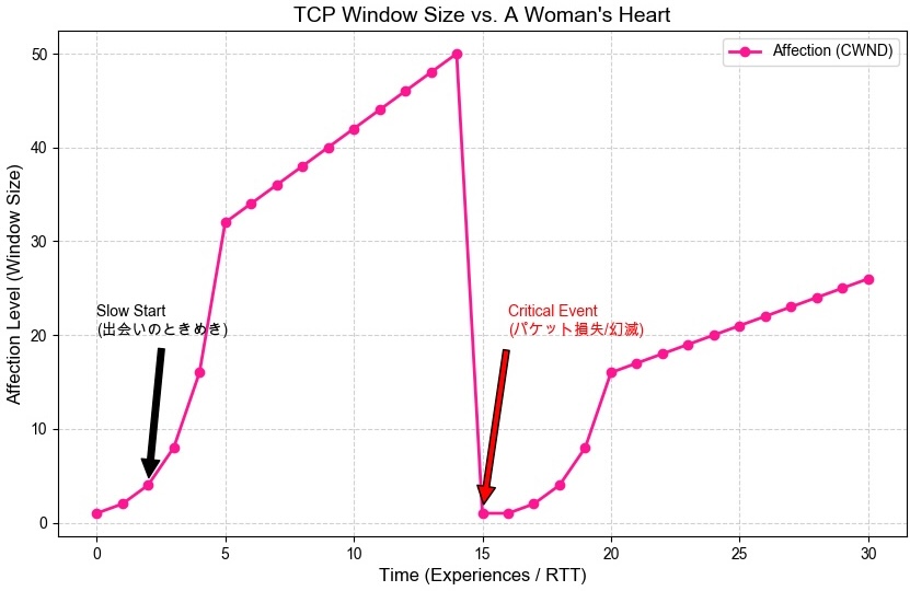 Graph of TCP Window Size vs A Woman's Heart showing Slow Start and a drop after a Critical Event