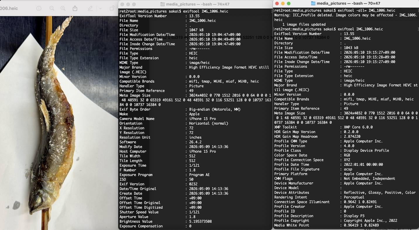 Evidence of grilled sweetfish and its Exif metadata analysis